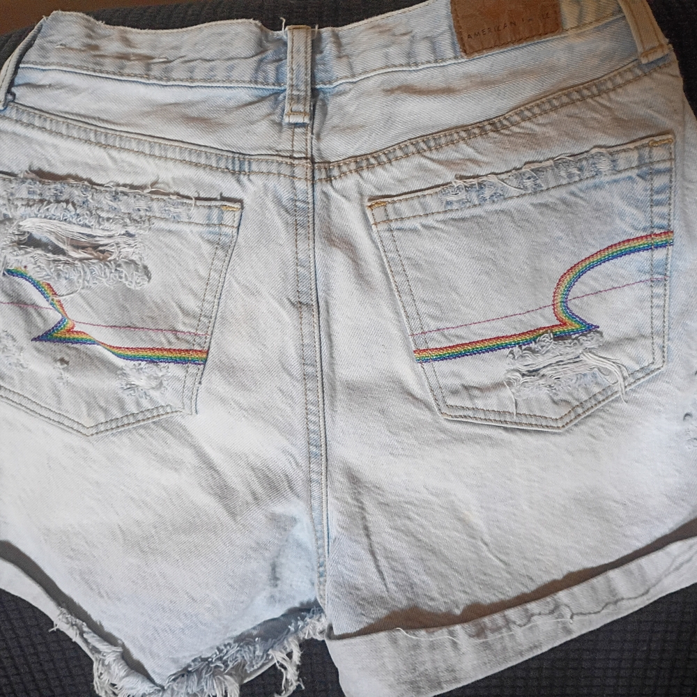 American Eagle Outfitters Light Blue Jean Shorts with Rainbow Stitching